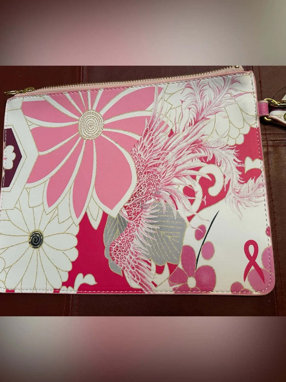 CHICO’s Pink & Gold Floral Print clutch, 7.5 x 9.5” w/strap, orig $39.50 new!!